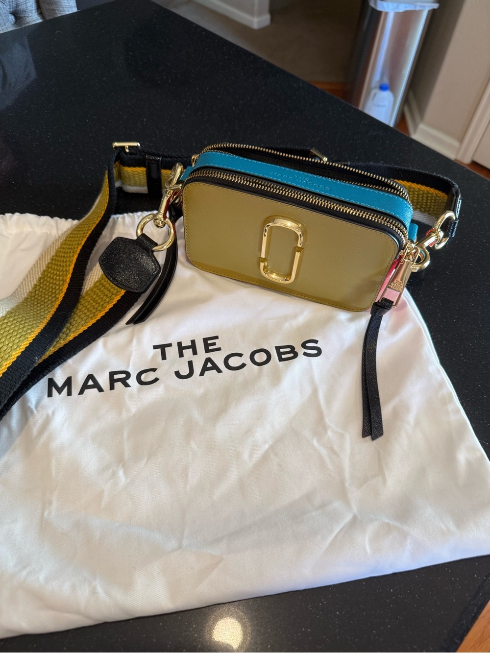 Marc Jacobs Yellow and Blue Snapshot Crossbody with Striped Strap